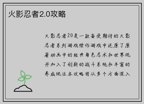 火影忍者2.0攻略